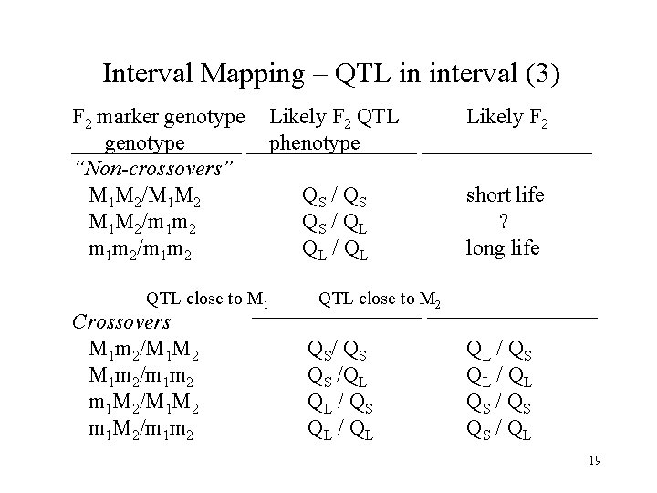 Interval Mapping – QTL in interval (3) F 2 marker genotype “Non-crossovers” M 1