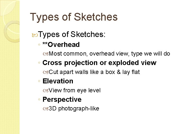 Types of Sketches: ◦ **Overhead Most common, overhead view, type we will do ◦ Types of Sketches: ◦ **Overhead Most common, overhead view, type we will do ◦