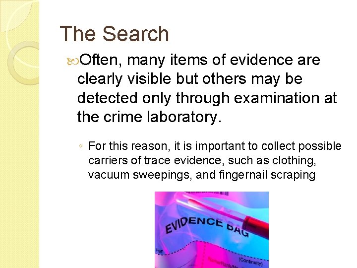 The Search Often, many items of evidence are clearly visible but others may be The Search Often, many items of evidence are clearly visible but others may be