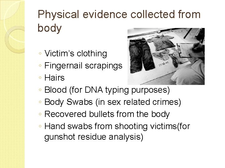 Physical evidence collected from body ◦ Victim’s clothing ◦ Fingernail scrapings ◦ Hairs ◦ Physical evidence collected from body ◦ Victim’s clothing ◦ Fingernail scrapings ◦ Hairs ◦
