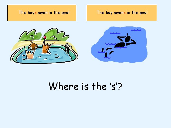 The boys swim in the pool The boy swims in the pool Where is