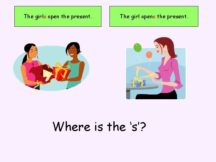 The girls open the present. The girl opens the present. Where is the ‘s’?