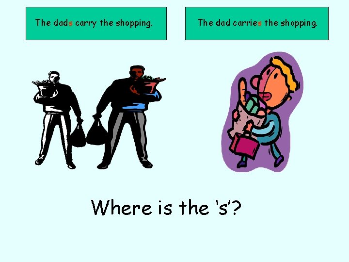 The dads carry the shopping. The dad carries the shopping. Where is the ‘s’?