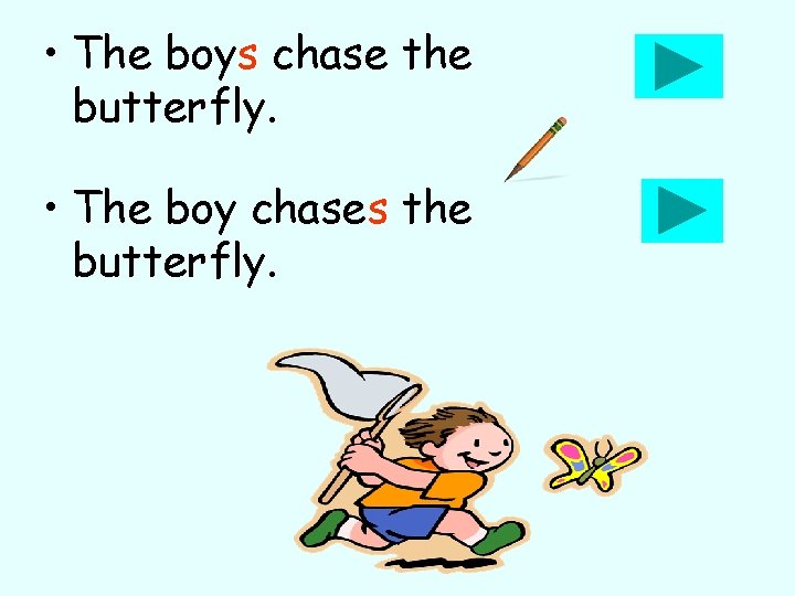  • The boys chase the butterfly. • The boy chases the butterfly. 