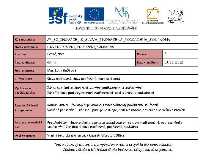 Kód materiálu: VY_32_INOVACE_18_SLOVA_NADRAZENA_PODRAZENA_SOURADNA Název materiálu: SLOVA NADŘAZENÁ, PODŘAZENÁ, SOUŘADNÁ Předmět: Český jazyk Ročník: 2.