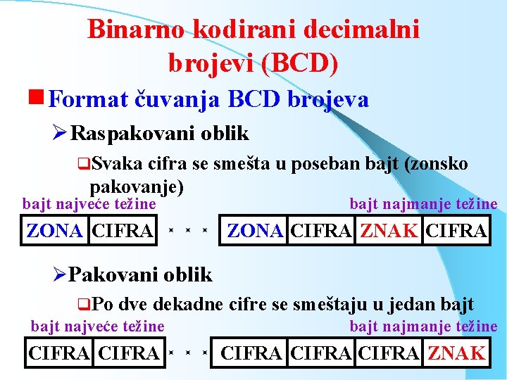 Binarno kodirani decimalni brojevi (BCD) g. Format čuvanja BCD brojeva ØRaspakovani oblik q. Svaka