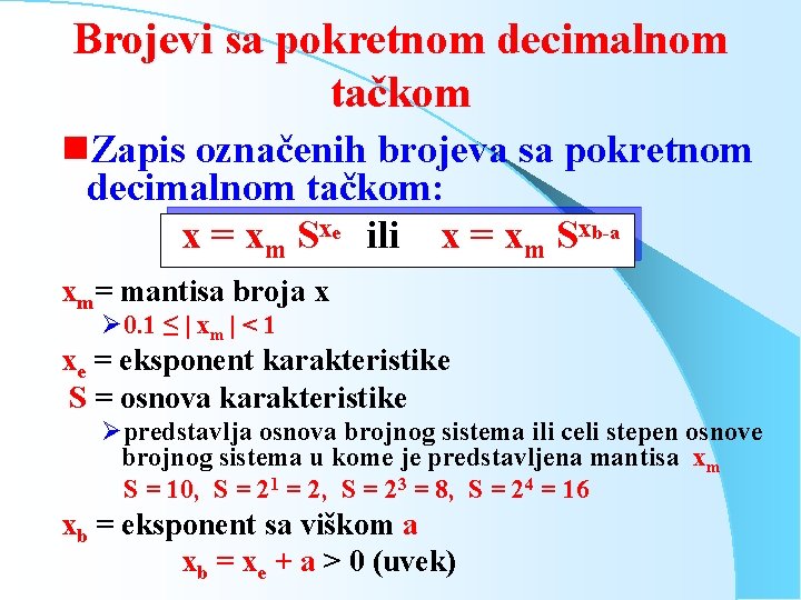 Brojevi sa pokretnom decimalnom tačkom g. Zapis označenih brojeva sa pokretnom decimalnom tačkom: x