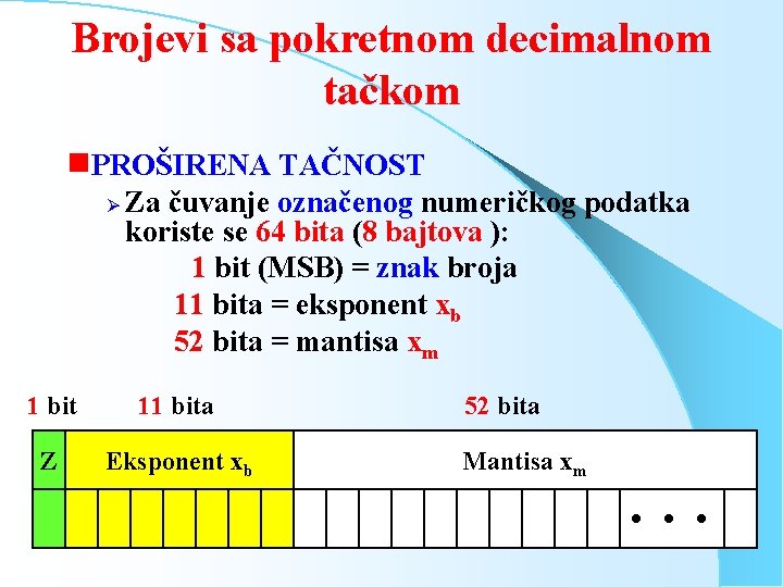 Brojevi sa pokretnom decimalnom tačkom g. PROŠIRENA TAČNOST Ø Za čuvanje označenog numeričkog podatka