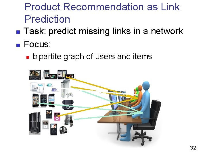 Product Recommendation as Link Prediction n n Task: predict missing links in a network