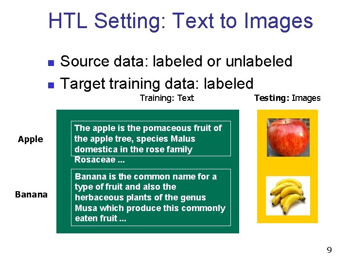 HTL Setting: Text to Images n n Source data: labeled or unlabeled Target training