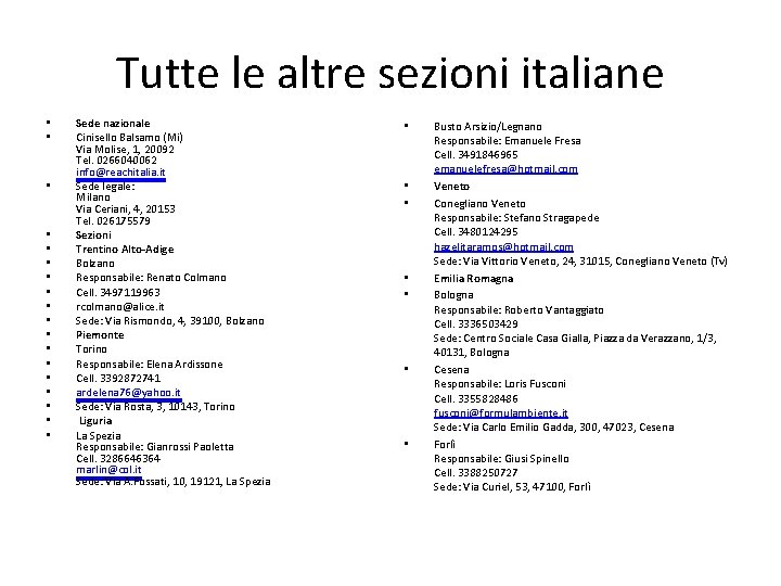 Tutte le altre sezioni italiane • • • • • Sede nazionale Cinisello Balsamo