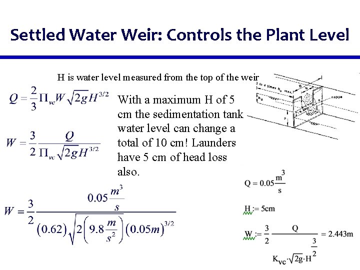 Settled Water Weir: Controls the Plant Level H is water level measured from the