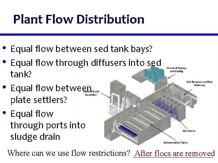 Plant Flow Distribution • Equal flow between sed tank bays? • Equal flow through