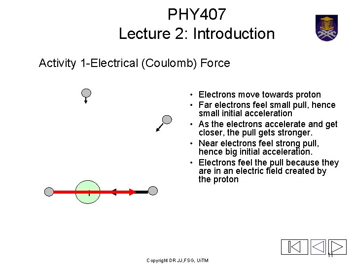 PHY 407 Lecture 2: Introduction Activity 1 -Electrical (Coulomb) Force • Electrons move towards