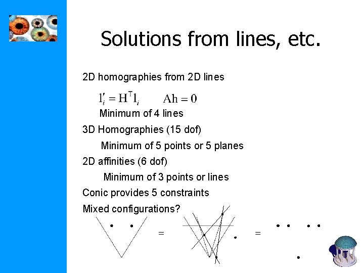 Solutions from lines, etc. 2 D homographies from 2 D lines Minimum of 4