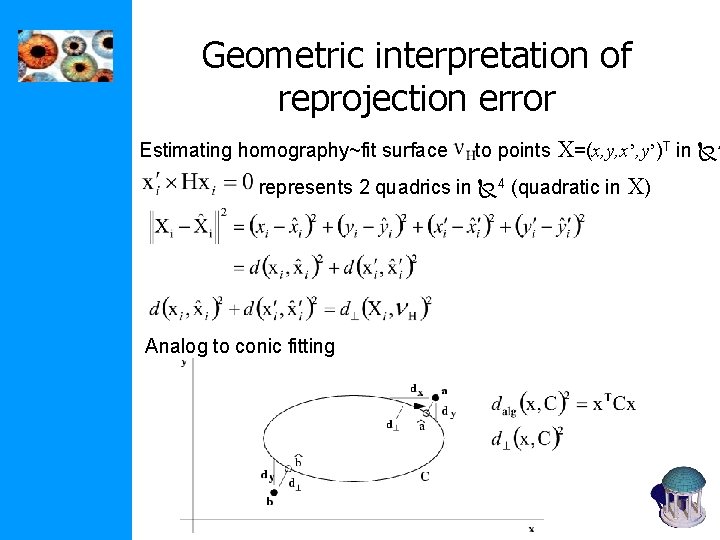 Geometric interpretation of reprojection error Estimating homography~fit surface to points X=(x, y, x’, y’)T