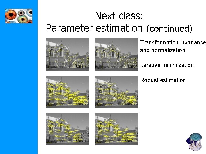 Next class: Parameter estimation (continued) Transformation invariance and normalization Iterative minimization Robust estimation 