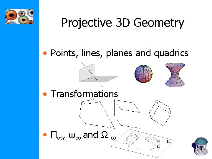 Projective 3 D Geometry • Points, lines, planes and quadrics • Transformations • П∞,