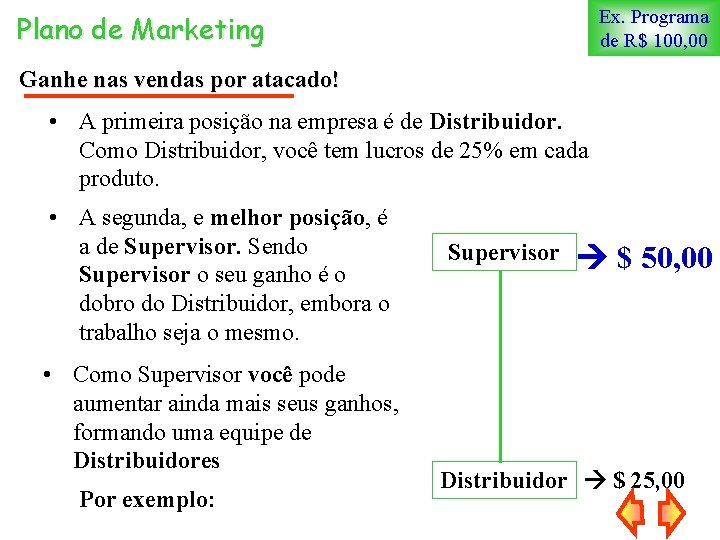 Ex. Programa de R$ 100, 00 Plano de Marketing Ganhe nas vendas por atacado!