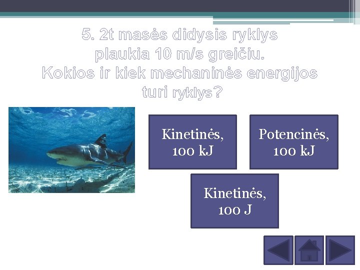 5. 2 t masės didysis ryklys plaukia 10 m/s greičiu. Kokios ir kiek mechaninės