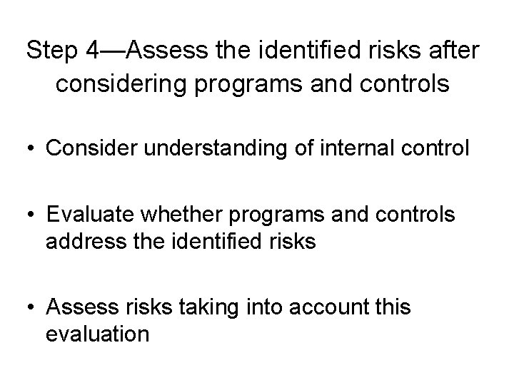 Step 4—Assess the identified risks after considering programs and controls • Consider understanding of Step 4—Assess the identified risks after considering programs and controls • Consider understanding of