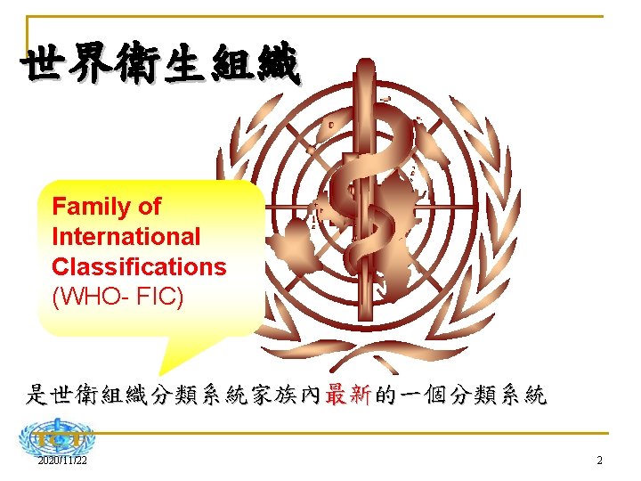 世界衛生組織 Family of International Classifications (WHO- FIC) 是世衛組織分類系統家族內最新的一個分類系統 2020/11/22 2 