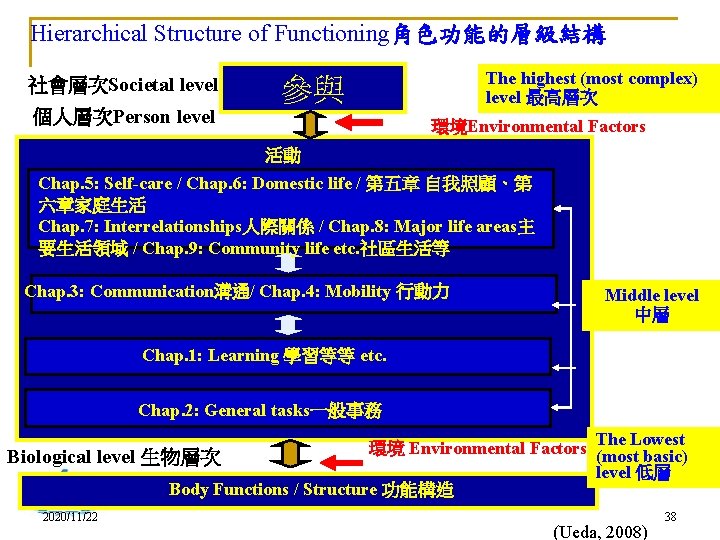 Hierarchical Structure of Functioning角色功能的層級結構 社會層次Societal level 個人層次Person level The highest (most complex) level 最高層次