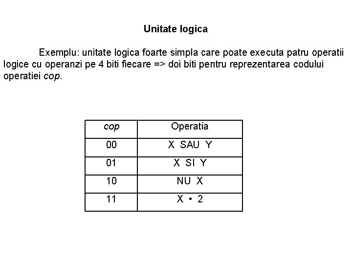 Unitate logica Exemplu: unitate logica foarte simpla care poate executa patru operatii logice cu