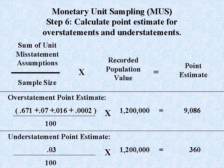 Monetary Unit Sampling (MUS) Step 6: Calculate point estimate for overstatements and understatements. Sum