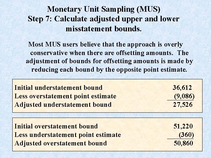Monetary Unit Sampling (MUS) Step 7: Calculate adjusted upper and lower misstatement bounds. Most