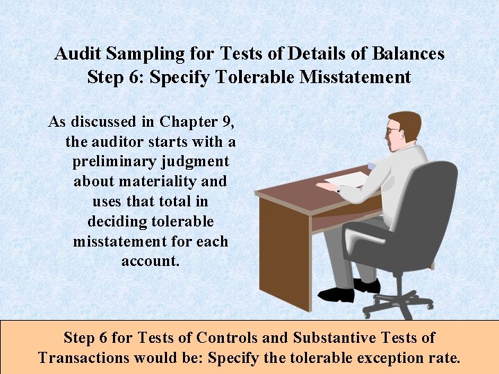 Audit Sampling for Tests of Details of Balances Step 6: Specify Tolerable Misstatement As