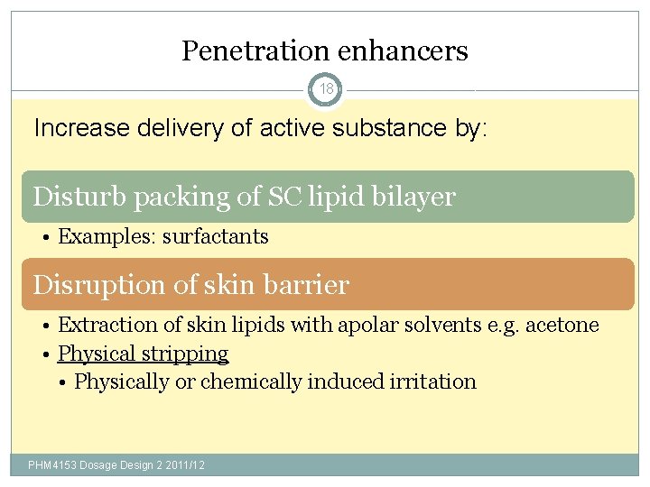 Penetration enhancers 18 Increase delivery of active substance by: Disturb packing of SC lipid