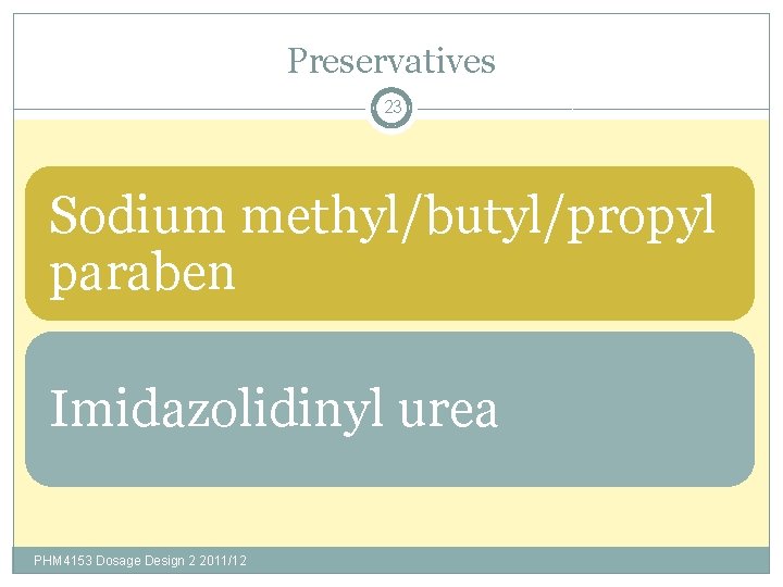 Preservatives 23 Sodium methyl/butyl/propyl paraben Imidazolidinyl urea PHM 4153 Dosage Design 2 2011/12 