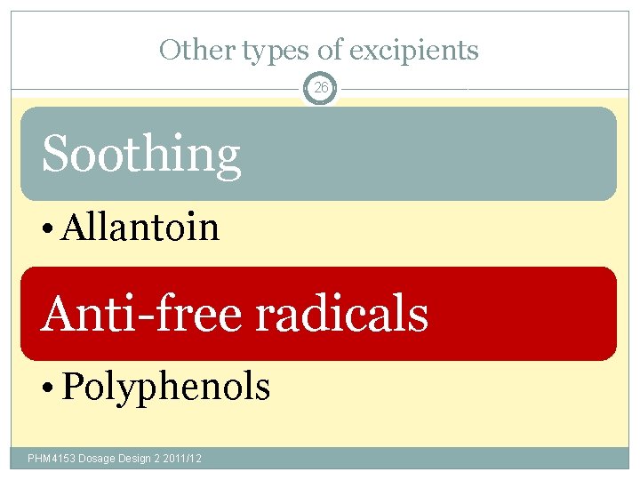 Other types of excipients 26 Soothing • Allantoin Anti-free radicals • Polyphenols PHM 4153
