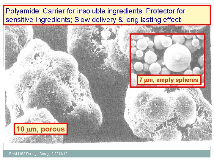 Polyamide: Carrier for insoluble ingredients; Protector for sensitive ingredients; Slow delivery & long lasting