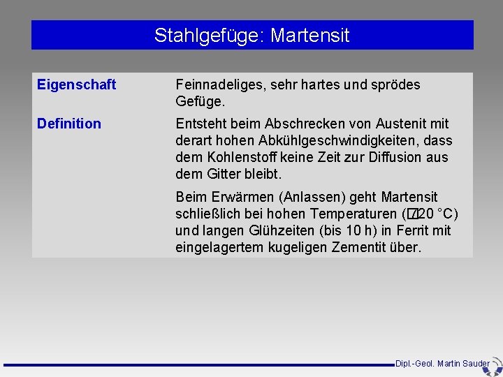 Stahlgefüge: Martensit Eigenschaft Feinnadeliges, sehr hartes und sprödes Gefüge. Definition Entsteht beim Abschrecken von Stahlgefüge: Martensit Eigenschaft Feinnadeliges, sehr hartes und sprödes Gefüge. Definition Entsteht beim Abschrecken von