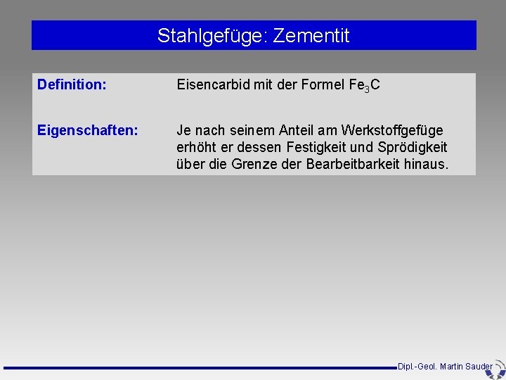 Stahlgefüge: Zementit Definition: Eisencarbid mit der Formel Fe 3 C Eigenschaften: Je nach seinem Stahlgefüge: Zementit Definition: Eisencarbid mit der Formel Fe 3 C Eigenschaften: Je nach seinem
