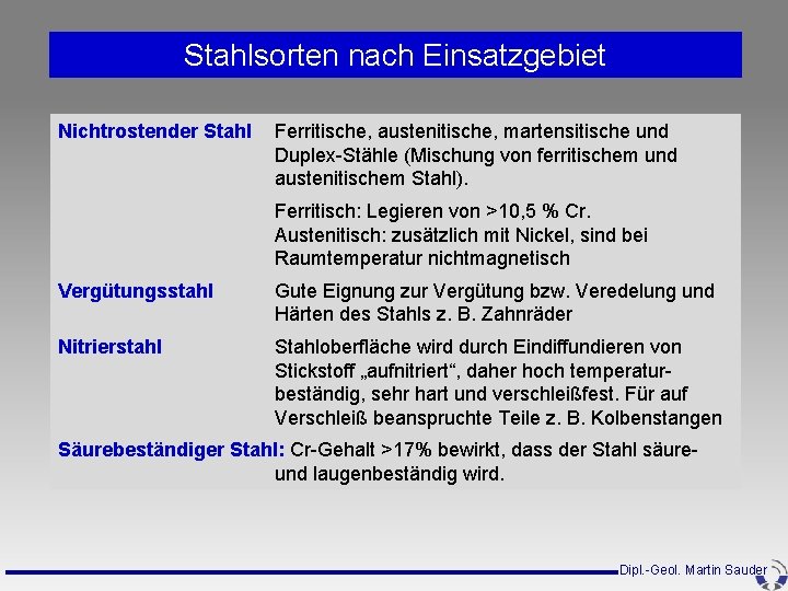 Stahlsorten nach Einsatzgebiet Nichtrostender Stahl Ferritische, austenitische, martensitische und Duplex-Stähle (Mischung von ferritischem und Stahlsorten nach Einsatzgebiet Nichtrostender Stahl Ferritische, austenitische, martensitische und Duplex-Stähle (Mischung von ferritischem und