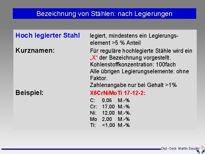 Bezeichnung von Stählen: nach Legierungen Hoch legierter Stahl Kurznamen: Beispiel: legiert, mindestens ein Legierungselement Bezeichnung von Stählen: nach Legierungen Hoch legierter Stahl Kurznamen: Beispiel: legiert, mindestens ein Legierungselement