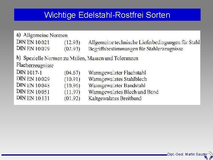 Normen und Richtlinien für Baustahl Wichtige Edelstahl-Rostfrei Sorten Dipl. -Geol. Martin Sauder Normen und Richtlinien für Baustahl Wichtige Edelstahl-Rostfrei Sorten Dipl. -Geol. Martin Sauder