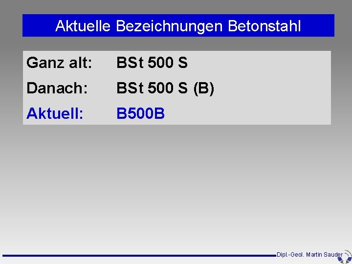 Aktuelle Bezeichnungen Betonstahl Ganz alt: BSt 500 S Danach: BSt 500 S (B) Aktuell: Aktuelle Bezeichnungen Betonstahl Ganz alt: BSt 500 S Danach: BSt 500 S (B) Aktuell: