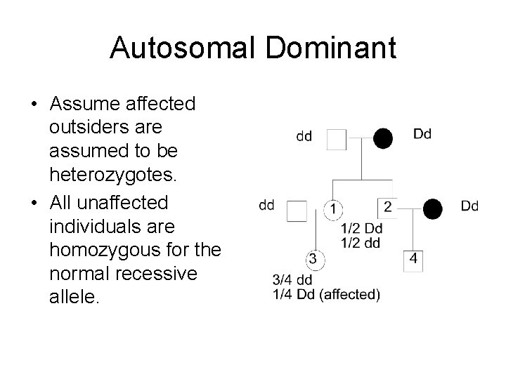 Autosomal Dominant • Assume affected outsiders are assumed to be heterozygotes. • All unaffected