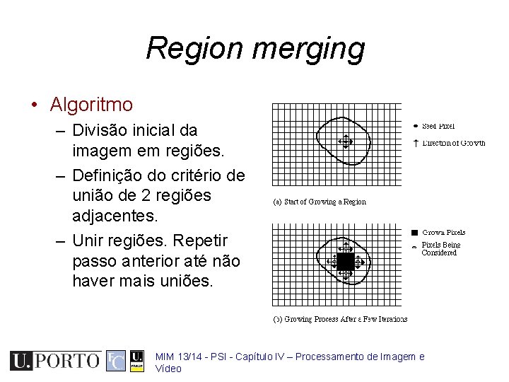 Region merging • Algoritmo – Divisão inicial da imagem em regiões. – Definição do