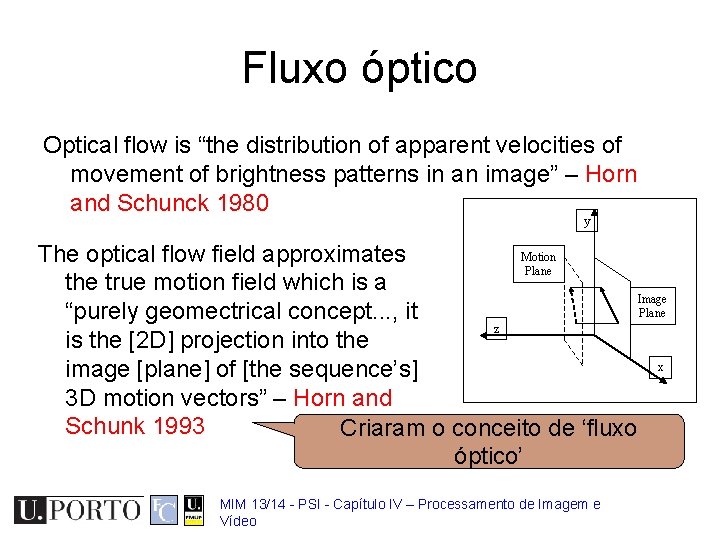 Fluxo óptico Optical flow is “the distribution of apparent velocities of movement of brightness