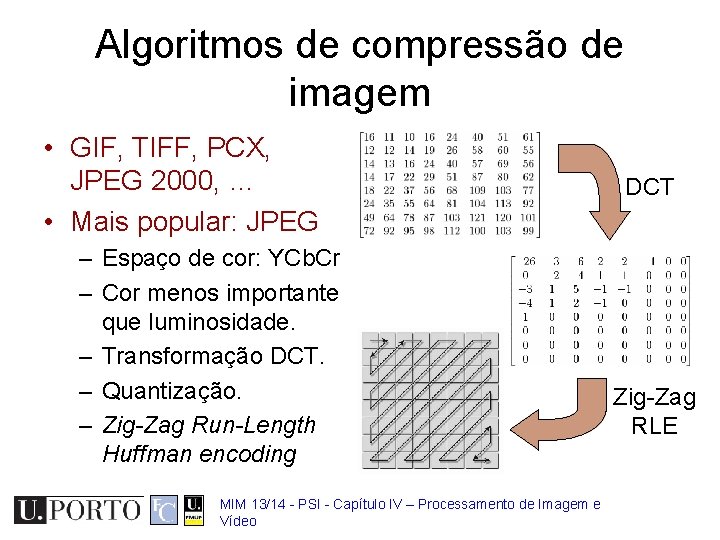 Algoritmos de compressão de imagem • GIF, TIFF, PCX, JPEG 2000, … • Mais