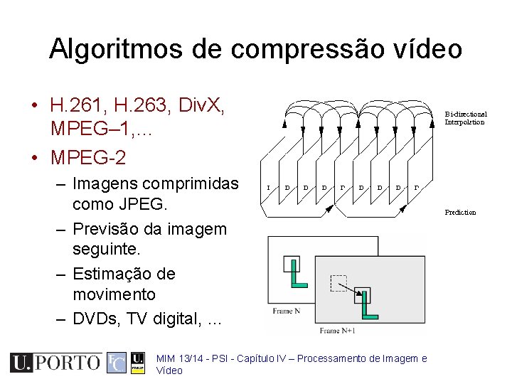 Algoritmos de compressão vídeo • H. 261, H. 263, Div. X, MPEG– 1, …