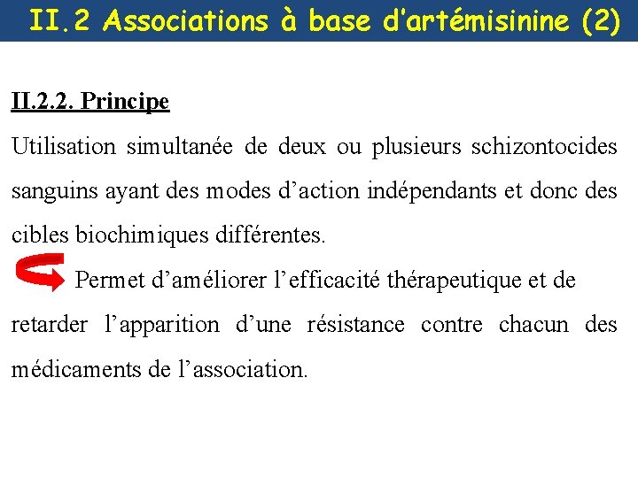 II. 2 Associations à base d’artémisinine (2) II. 2. 2. Principe Utilisation simultanée de