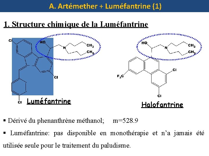 A. Artémether + Luméfantrine (1) 1. Structure chimique de la Luméfantrine Halofantrine § Dérivé