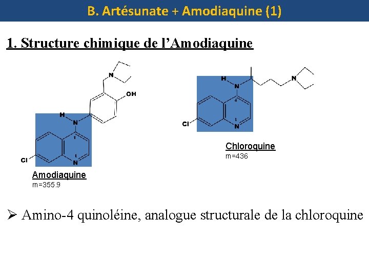 B. Artésunate + Amodiaquine (1) 1. Structure chimique de l’Amodiaquine Chloroquine m=436 Amodiaquine m=355.