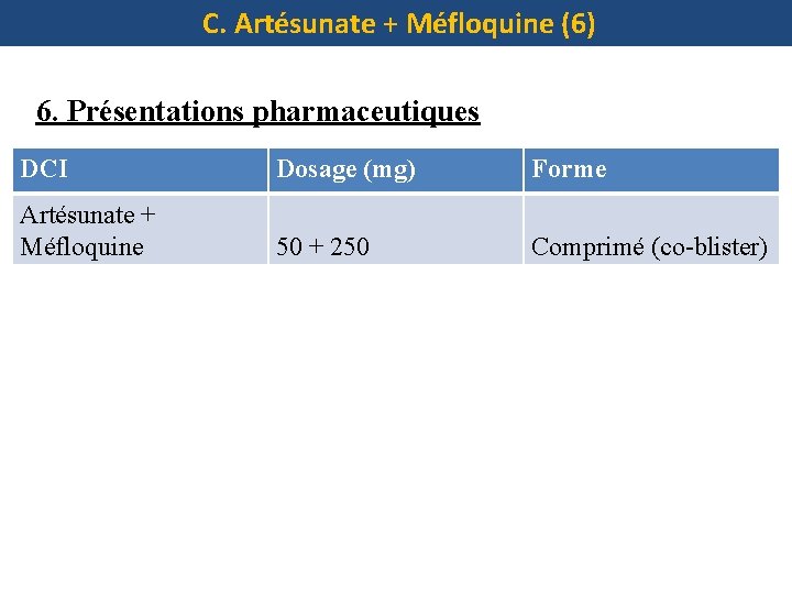 C. Artésunate + Méfloquine (6) 6. Présentations pharmaceutiques DCI Dosage (mg) Forme Artésunate +